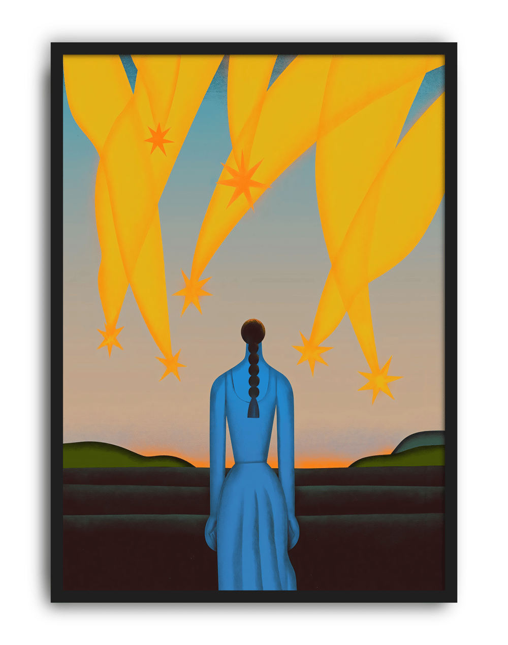 Starfall Dream Modern Duvar Tablosu – Mavi Figürlü Sürreal Gökyüzü Poster