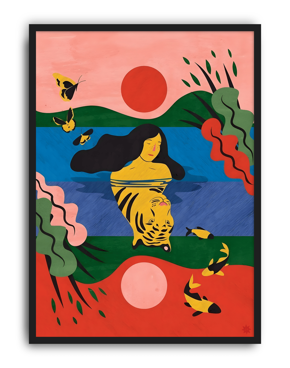 Tiger Reverie Modern Duvar Tablosu – Renkli Sürreal İllüstrasyon Poster