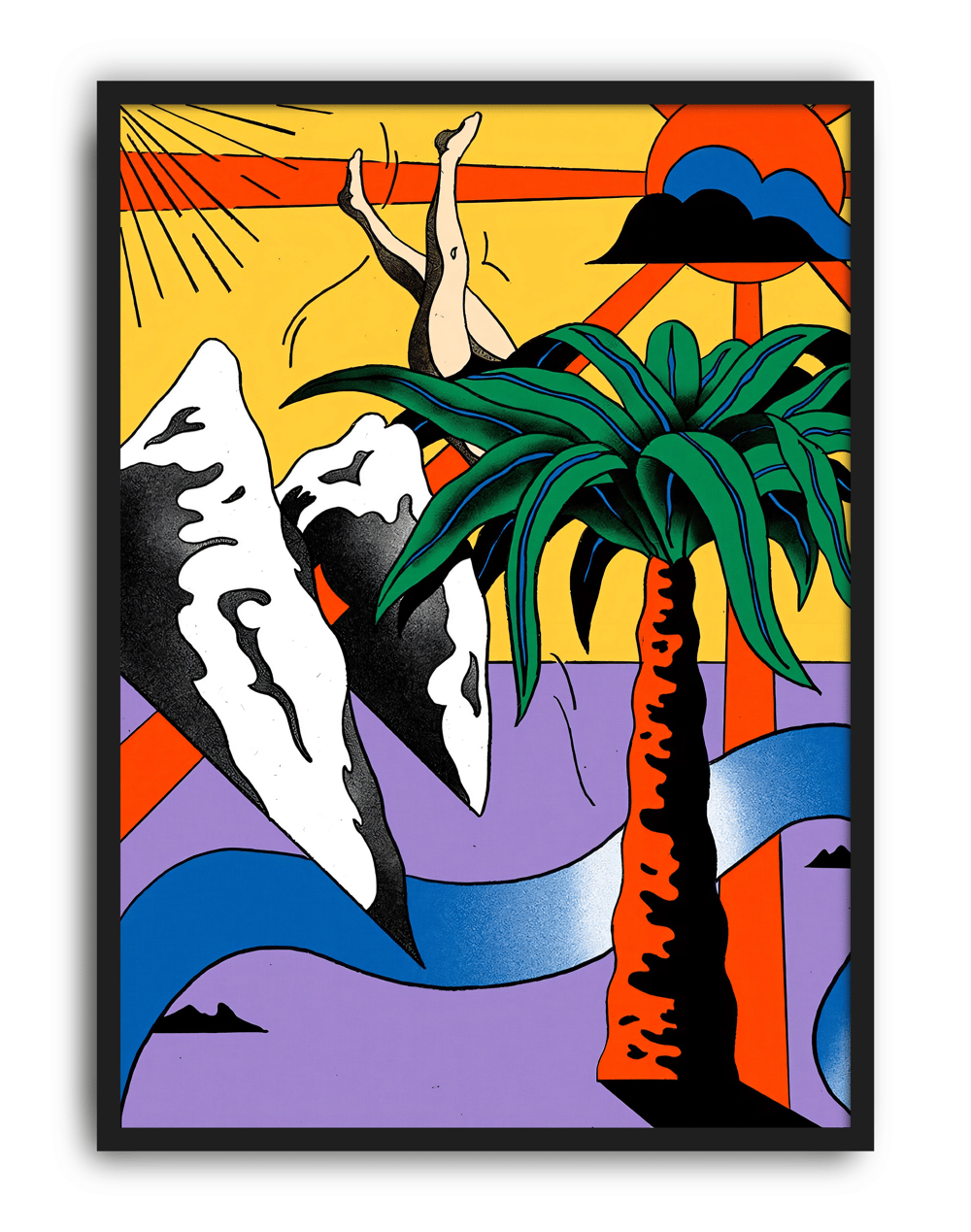 Tropical Dive Modern Duvar Tablosu – Renkli Sürreal Palmiyeli Poster