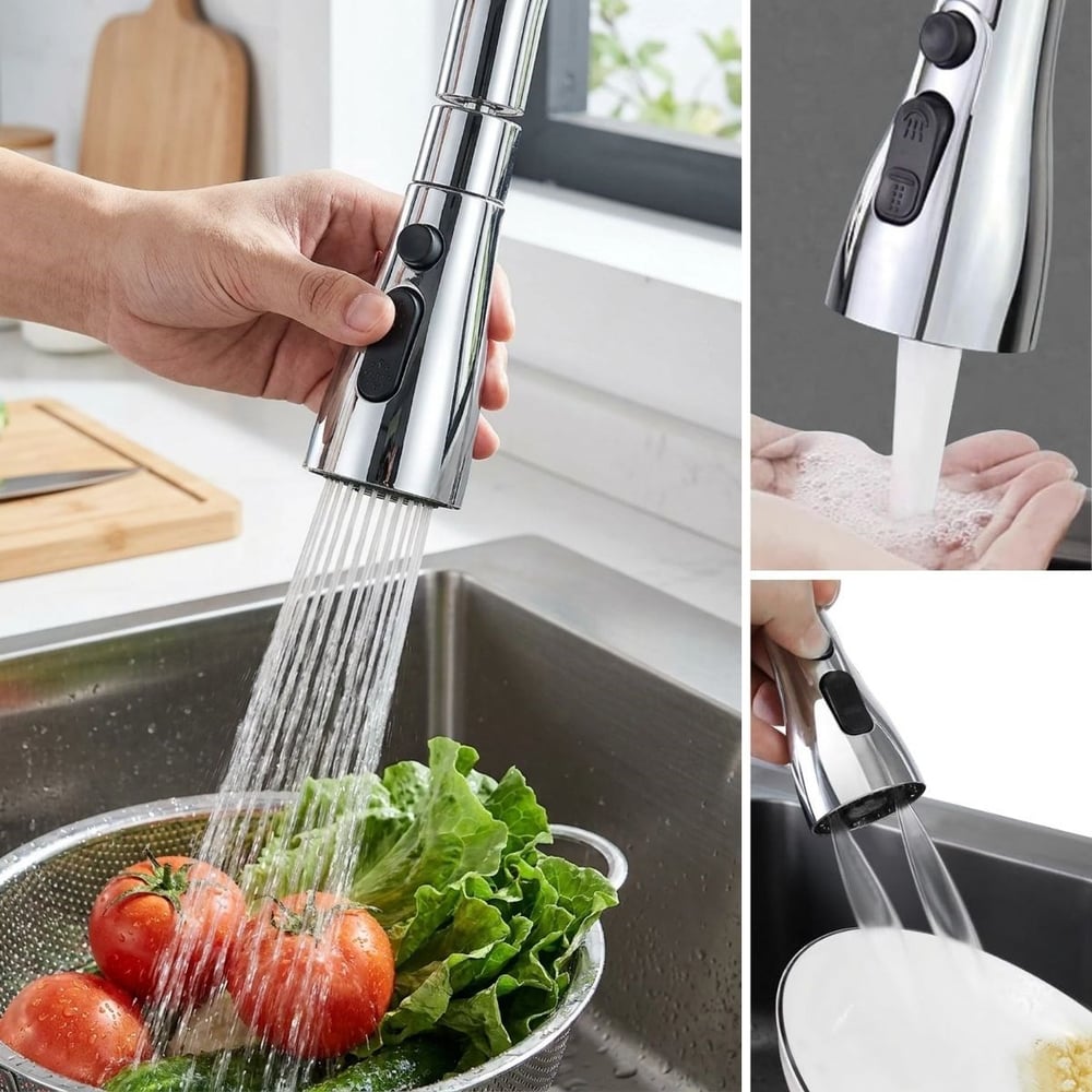 BUFFER® 3 Fonksiyonlu Metal Musluk Başlığı – Tazyikli, Sprey ve Düz Akış Modlu Su Tasarruf Aparatı