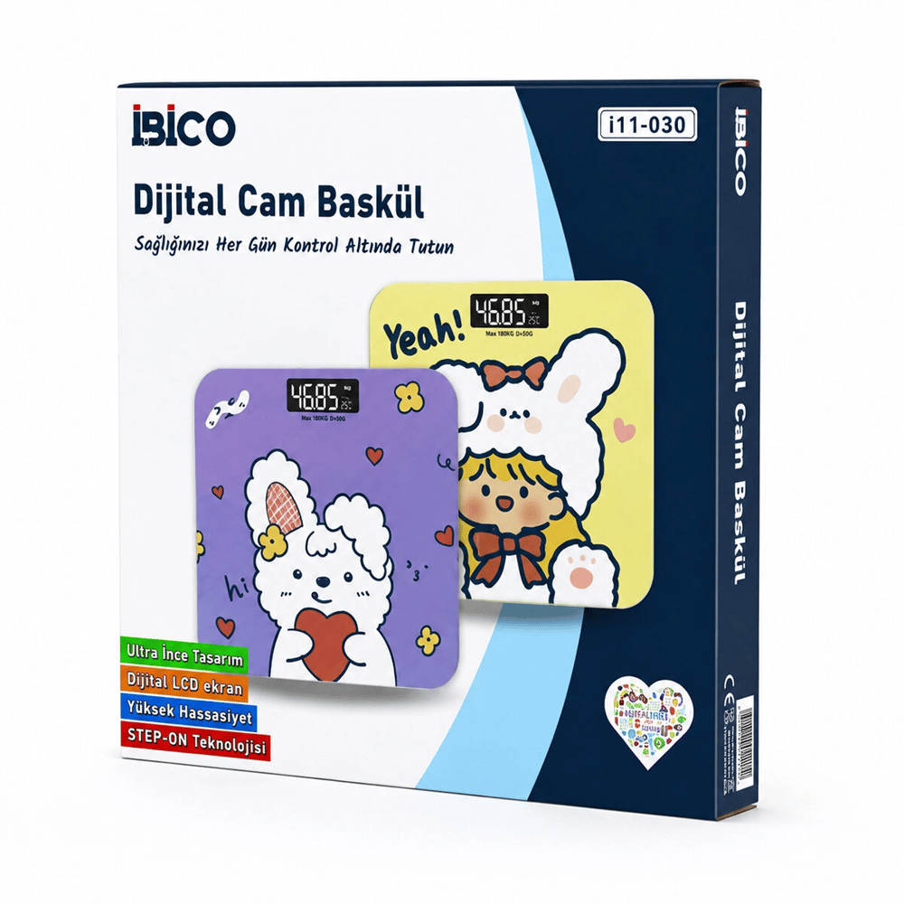 0221a Dijital - Pilli Desenli Renkli Cam Banyo Baskül Terazi Tartı Lcd Ekran 180kg/50gr 26x26cm İ11-030 Bx40