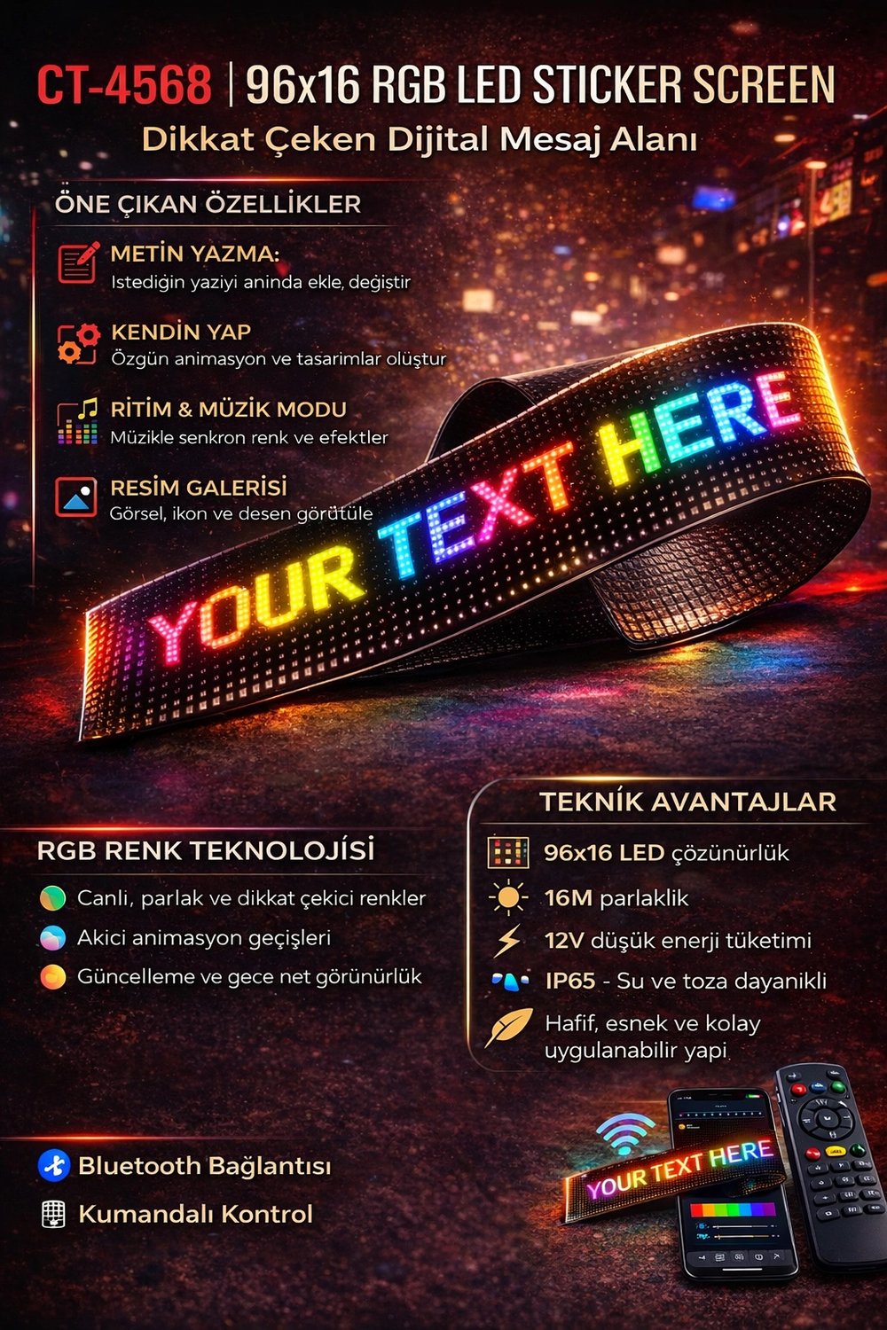 1 Adet CATA CT 4568 Esnek Yapışkanl Matrix Led Panel 96X16 RGB
