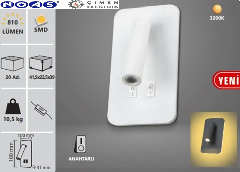 1 Adet Noas YL85 1732 Beyaz Kasa Ronda Led Dekoratif Aplik 3+7W 3200K Gün Işığı