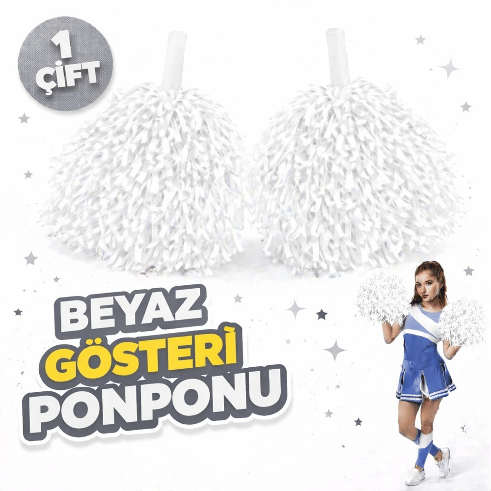 1 Çift ( 2 Adet ) Beyaz Renk 23 Nisan 19 Mayıs 29 Ekim Okul Gösteri Ponponları Ekstra Dolgun