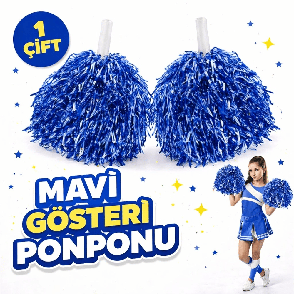 1 Çift ( 2 Adet ) Mavi Renk 23 Nisan 19 Mayıs 29 Ekim Okul Gösteri Ponponları Ekstra Dolgun