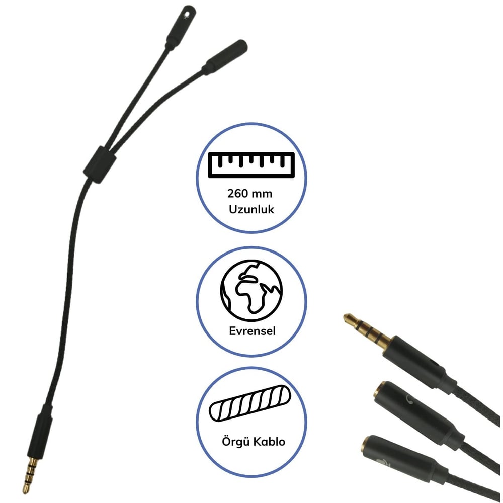 1 Erkek 2 Dişi 3.5 Mm Kulaklık Ve Mikrofon Ayırıcı Çoklayıcı Aux Kablo Bx40