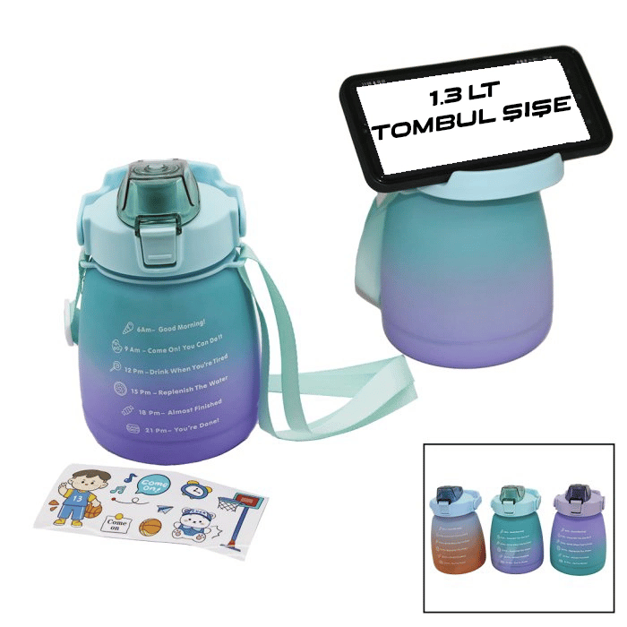 1.3lt - Tombul Pipetli Renkli Plastik Suluk Matara Kilitli Kapaklı - Telefonluklu Bx40