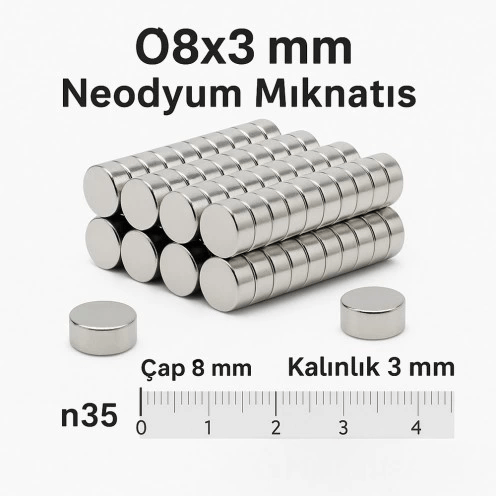 10 Adet 8x3mm Yuvarlak Neodyum Mıknatıs Güçlü Nikel Kaplamalı Kaliteli Dayanıklı Magnet