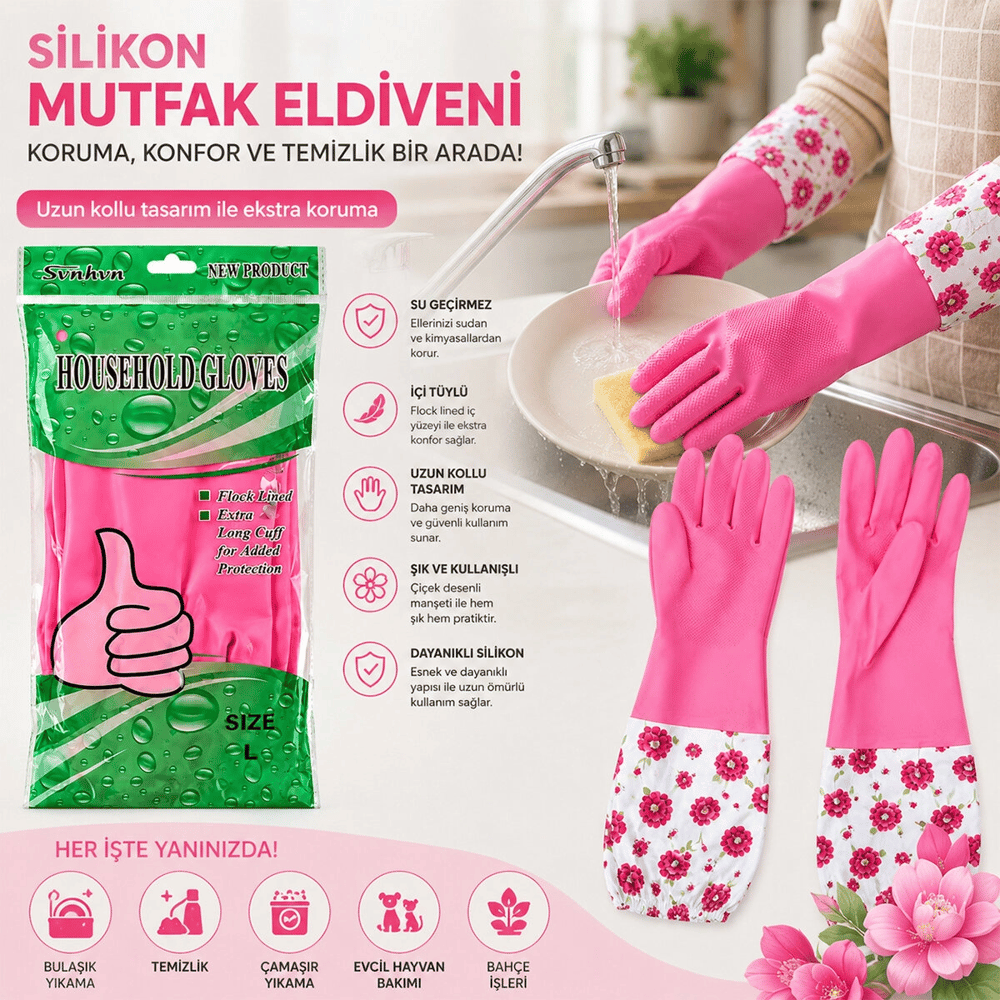 10 Adet Su Geçirmez - Uzun Kollu L Çiçek Desen Silikon Eldiven Mutfak - Banyo Bx40