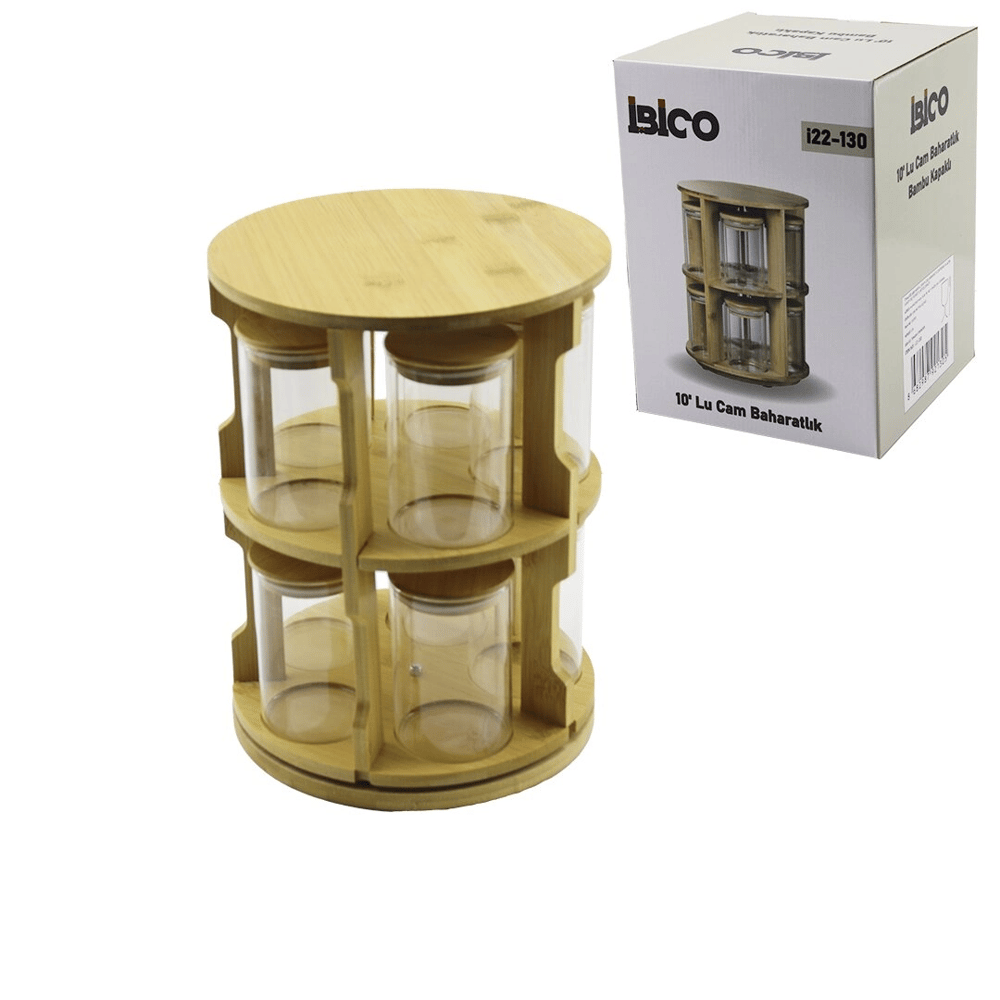10 Pcs Yuvarlak - Döner Standlı Cam - Bambu Kapak Tuzluk - Baharatlık Bambu Stand Bx40
