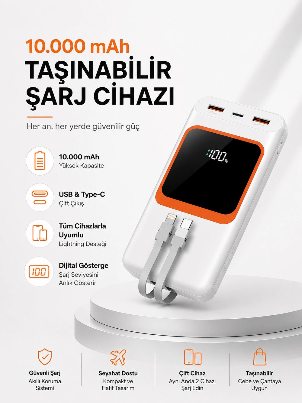 10.000 mAh Bataryalı, Dijital Göstergeli Taşınabilir Powerbank