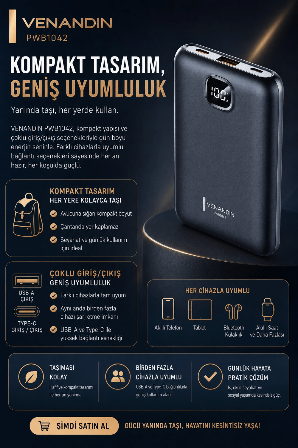 10000 mAh Dijital Göstergeli Hızlı Şarj Destekli Taşınabilir Powerbank
