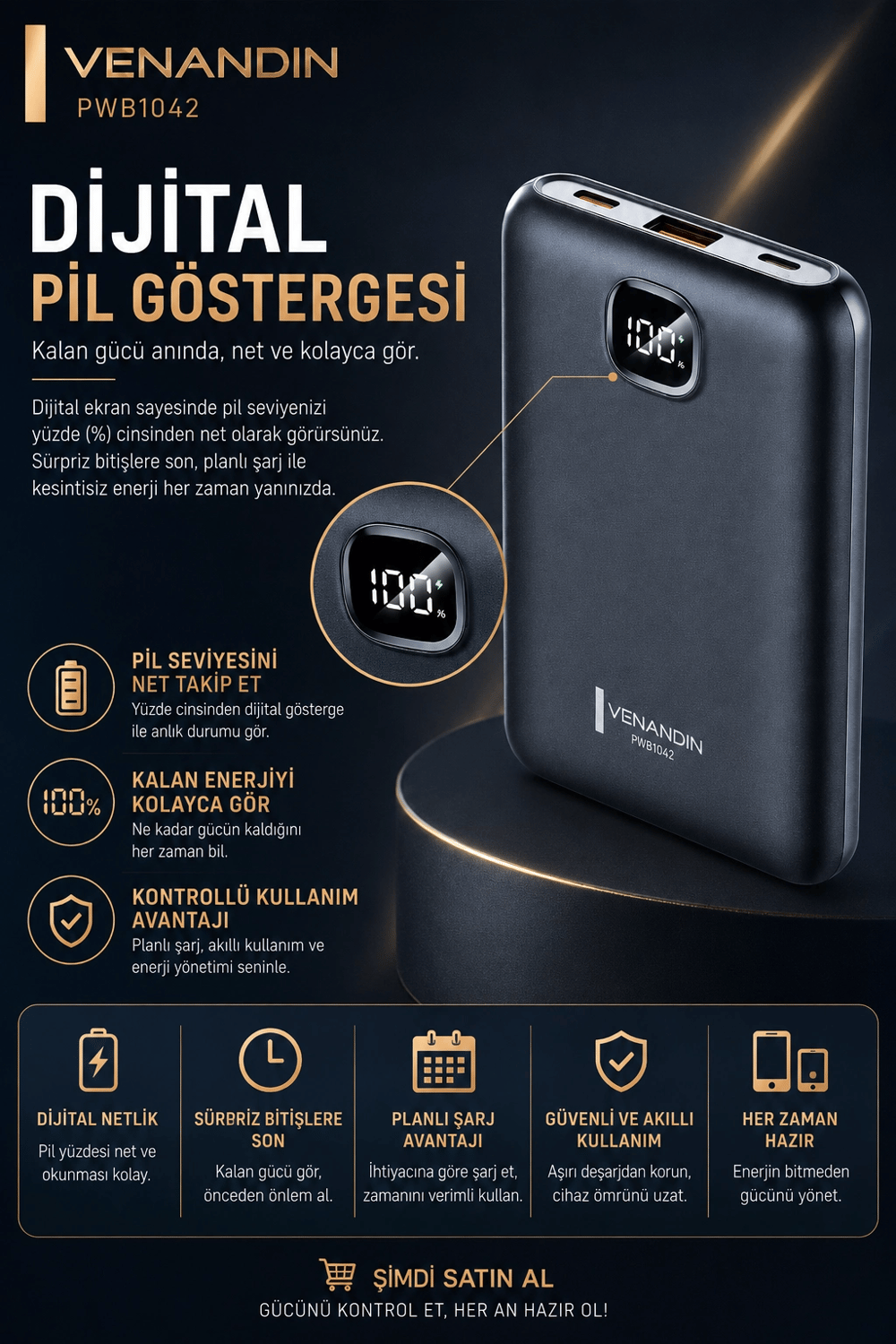 10000 mAh Dijital Göstergeli Hızlı Şarj Destekli Taşınabilir Powerbank