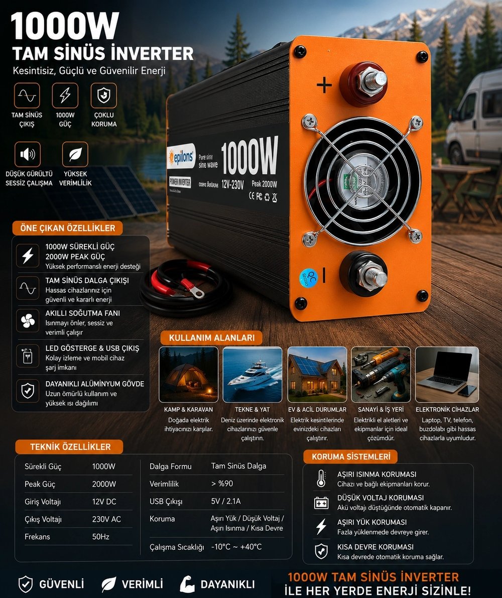 1000W Tam Sinüs İnverter 12V AC Çevirici | Sessiz Fanlı, USB Çıkışlı, Araç Karavan Tekne Solar Uyumlu Güç İnverteri