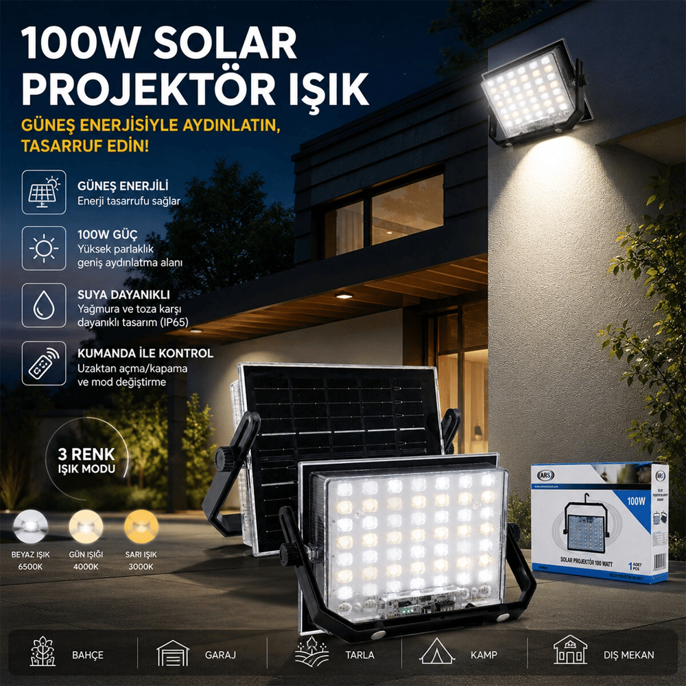 100w Güneş Enerjili Led Işık Solar Projektör - Fener Kamp - Dış Mekan 3 Farklı Led Işık 348960 Lmb Bx40