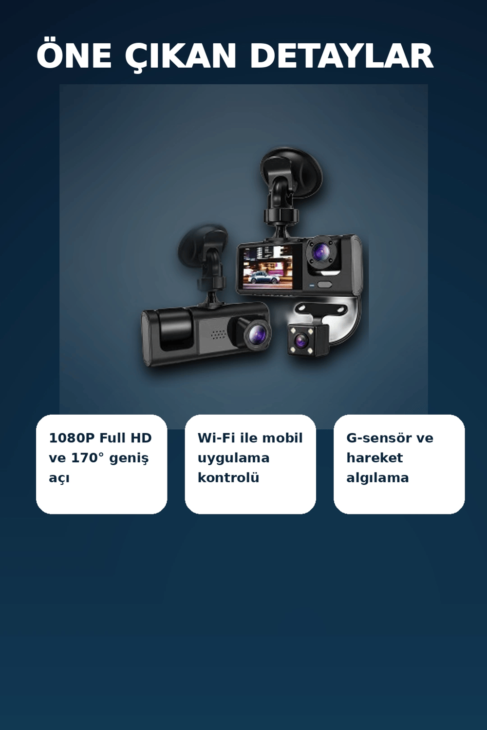 1080P Full HD 3 Kameralı Araç İçi Kayıt Kamerası Seti Wi-Fi ve Park Modu Özellikli