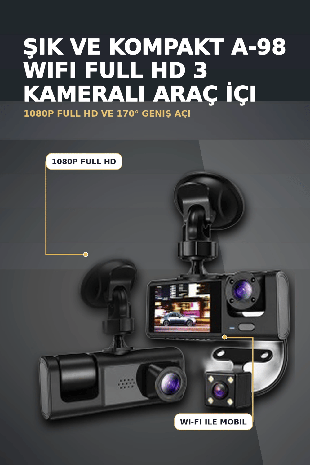 1080P Full HD 3 Kameralı Wi-Fi Araç İçi Yol Kayıt Kamerası Seti 170 Derece Park Modlu