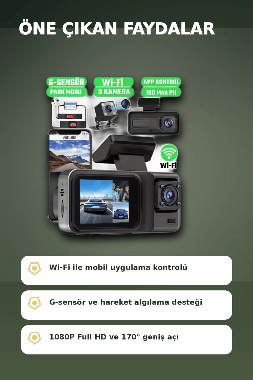 1080P Full HD 3 Kameralı Wi-Fi Araç İçi Kayıt Cihazı ve Park Modlu Güvenlik Kamerası Seti