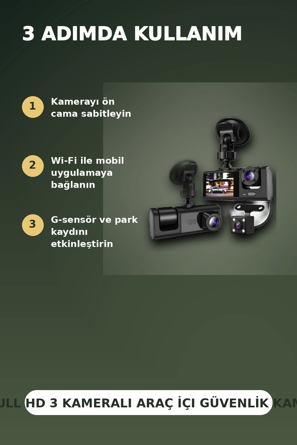 1080P Full HD 3 Kameralı Wi-Fi Araç İçi Kayıt Cihazı ve Park Modlu Güvenlik Kamerası Seti