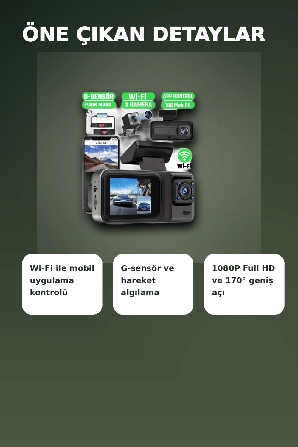 1080P Full HD 3 Kameralı Wi-Fi Araç İçi Kayıt Cihazı ve Park Modlu Güvenlik Kamerası Seti