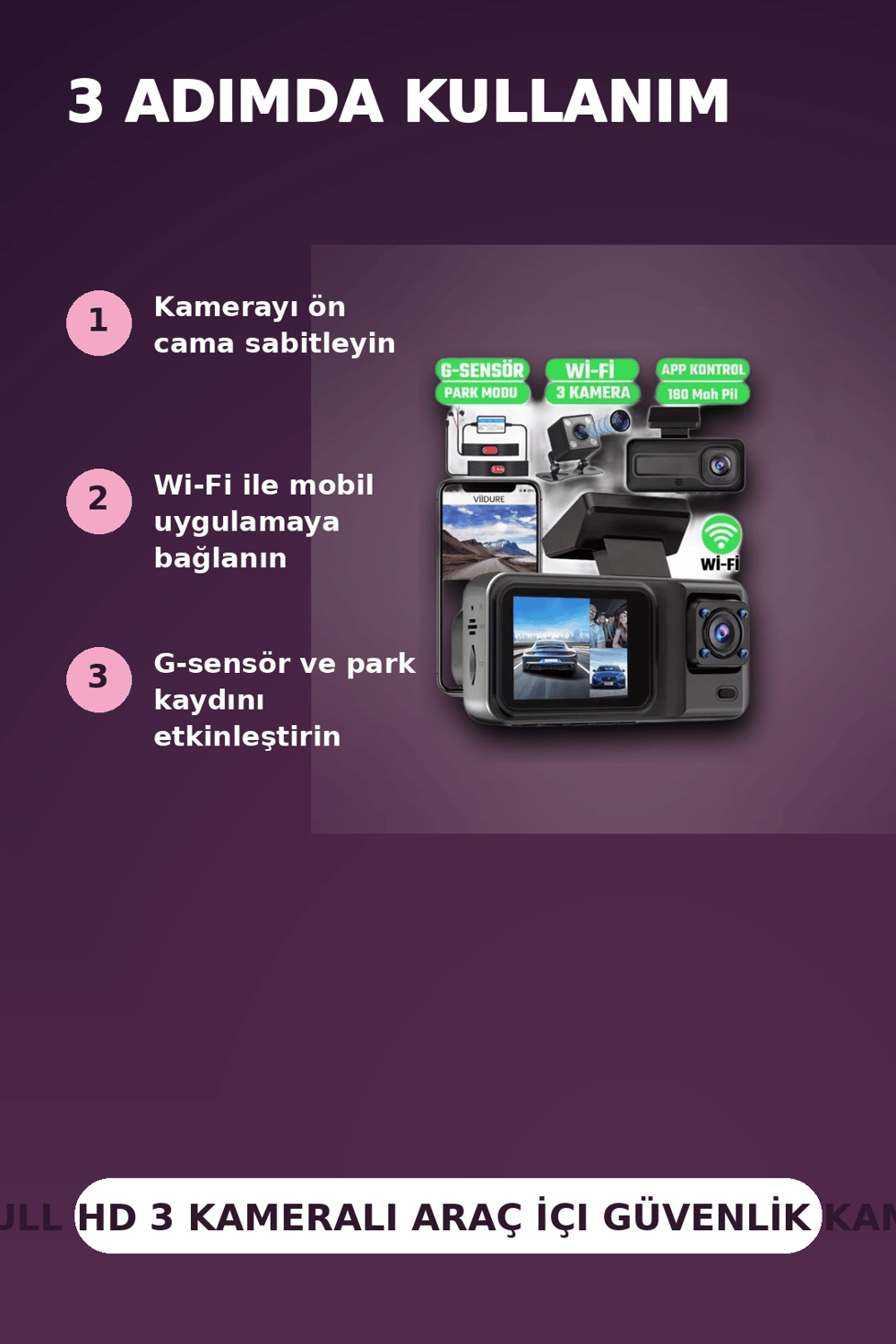 1080P Full HD 3 Kameralı Wi-Fi Bağlantılı Araç İçi Kayıt Cihazı ve Park Kamerası Seti