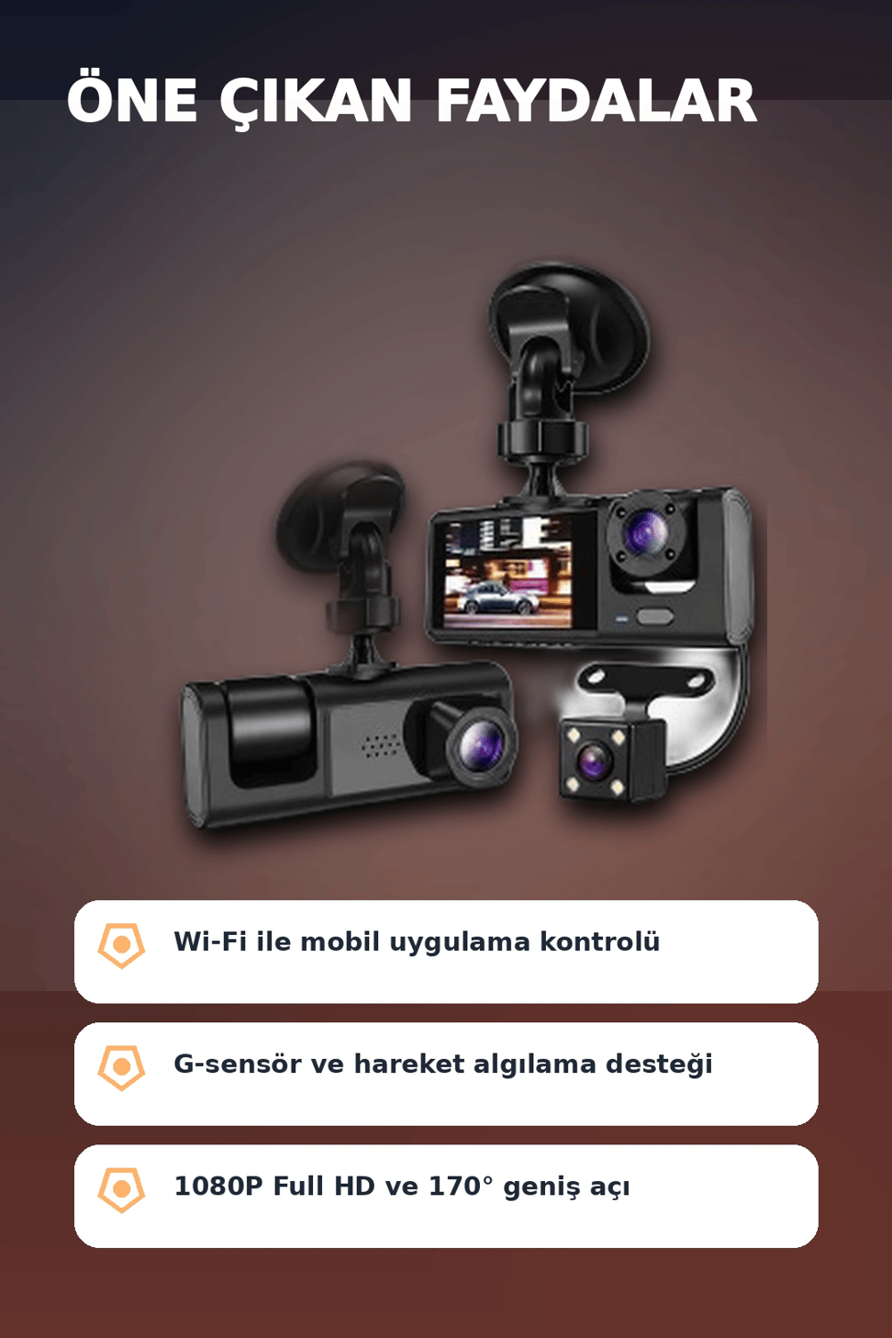 1080P Full HD 3 Kameralı Wi-Fi Destekli Araç İçi Yol Kayıt Kamerası 170 Derece Geniş Açı