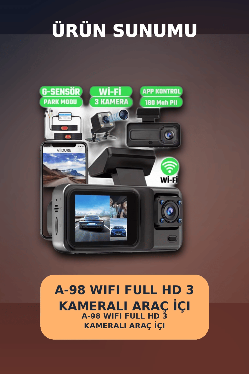1080P Full HD 3 Kameralı Wi-Fi Destekli Araç İçi Yol Kayıt Kamerası 170 Derece Geniş Açı