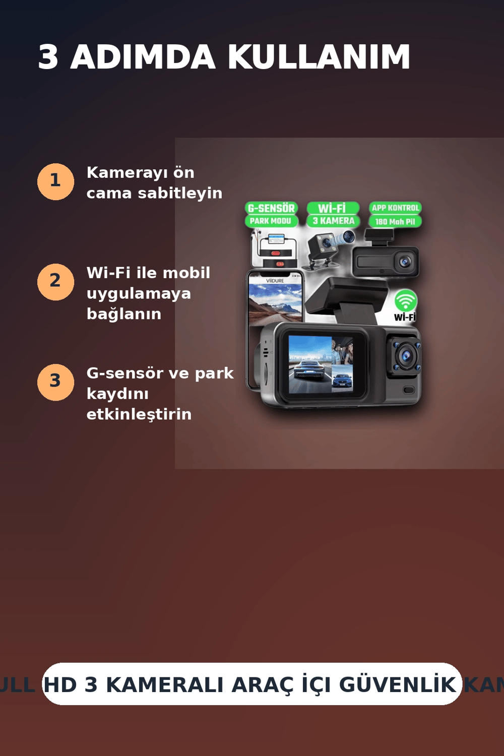 1080P Full HD 3 Kameralı Wi-Fi Destekli Araç İçi Yol Kayıt Kamerası 170 Derece Geniş Açı