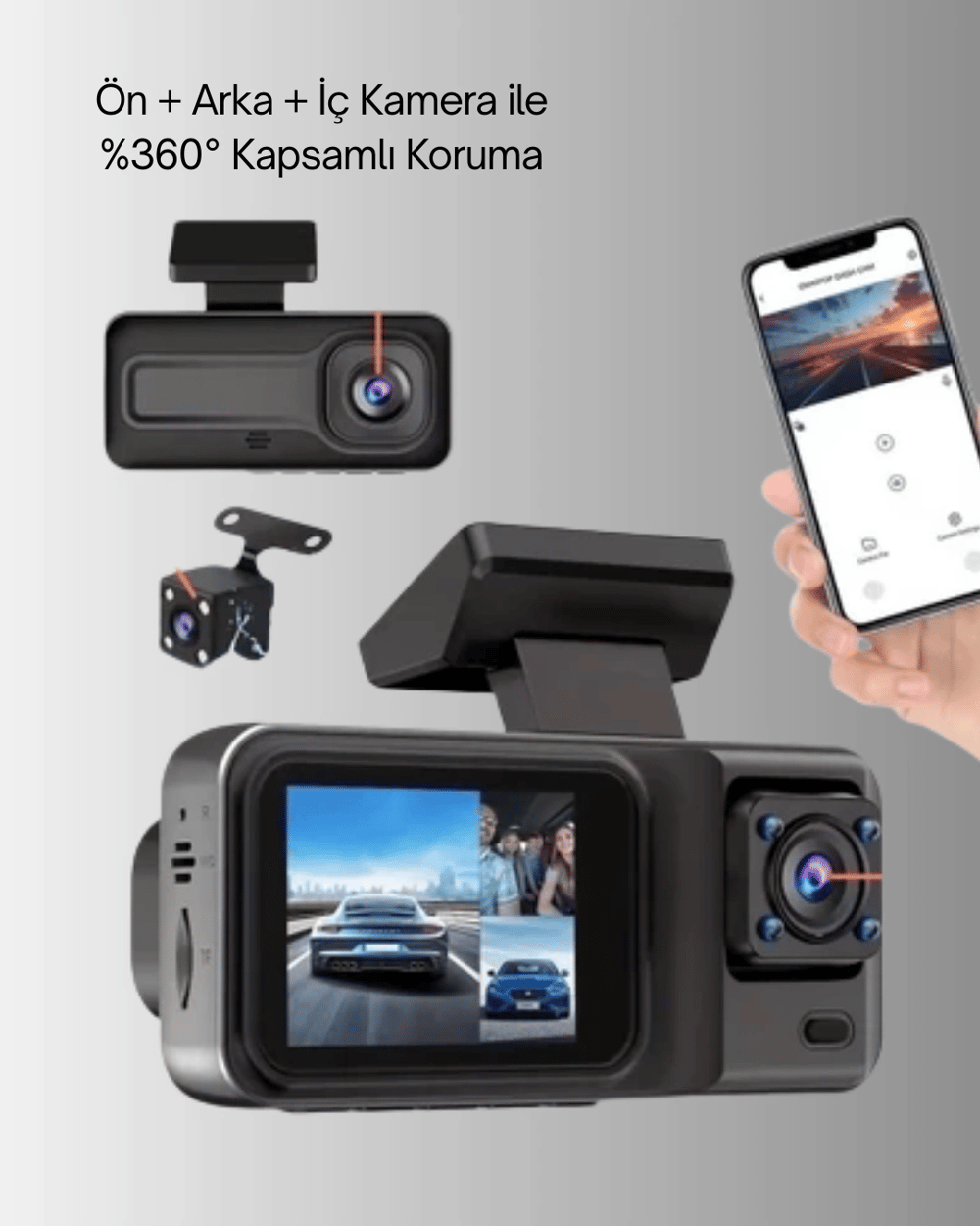 1080P Üç Kameralı Araç Kamerası Wi-Fi Destekli Park Modu ve G-Sensörlü