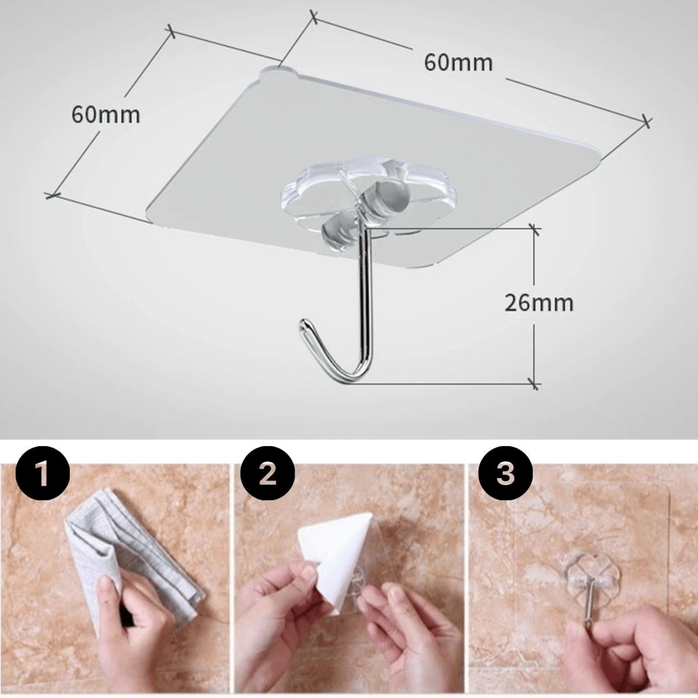 10'lu Şeffaf Kendinden Yapışkanlı Güçlü Askı Kancası, Banyo Mutfak Organizer, İz Bırakmaz Pratik Askı