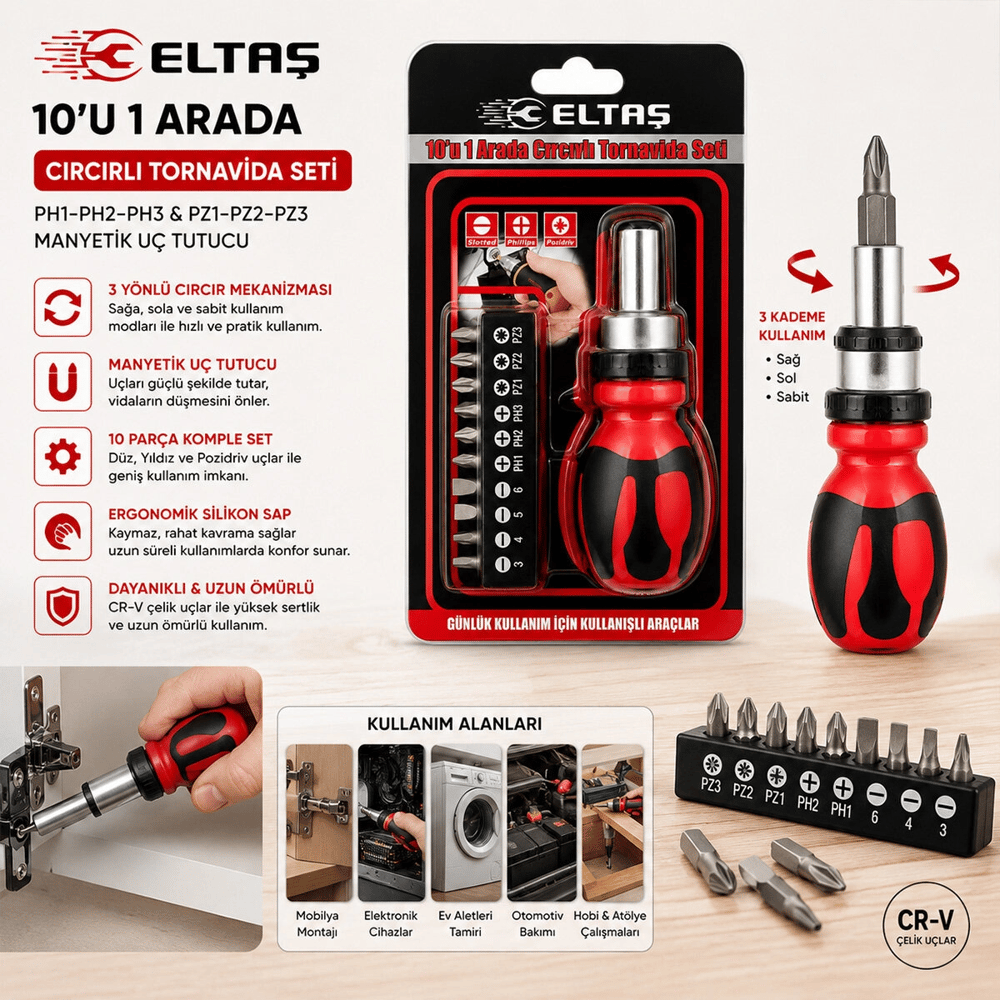 10ın1 Silikon Sap - Cr-v Cırcırlı Tornavida Bits Seti Ph1-ph2-ph-3 - Pz1-pz2-pz3 Manyetik Uç Tutucu Bx40