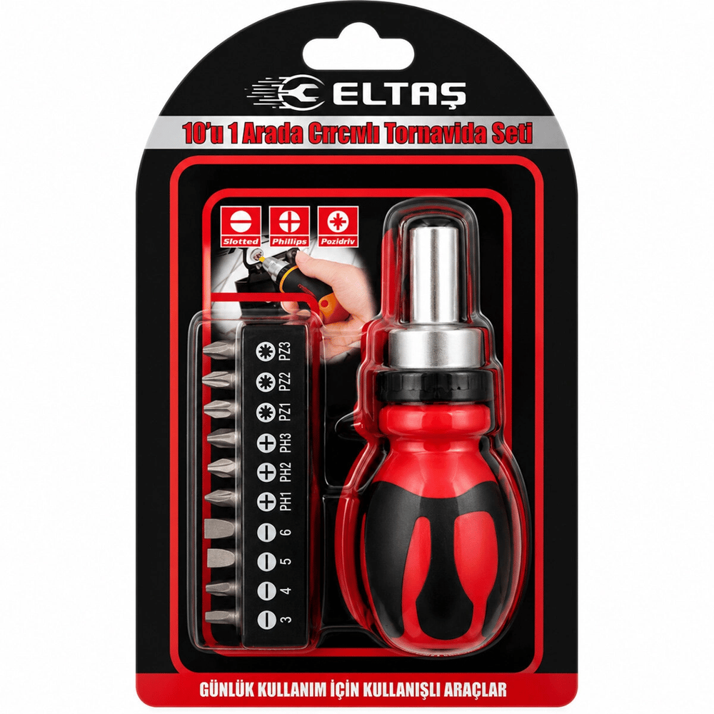 10ın1 Silikon Sap - Cr-v Cırcırlı Tornavida Bits Seti Ph1-ph2-ph-3 - Pz1-pz2-pz3 Manyetik Uç Tutucu Bx40