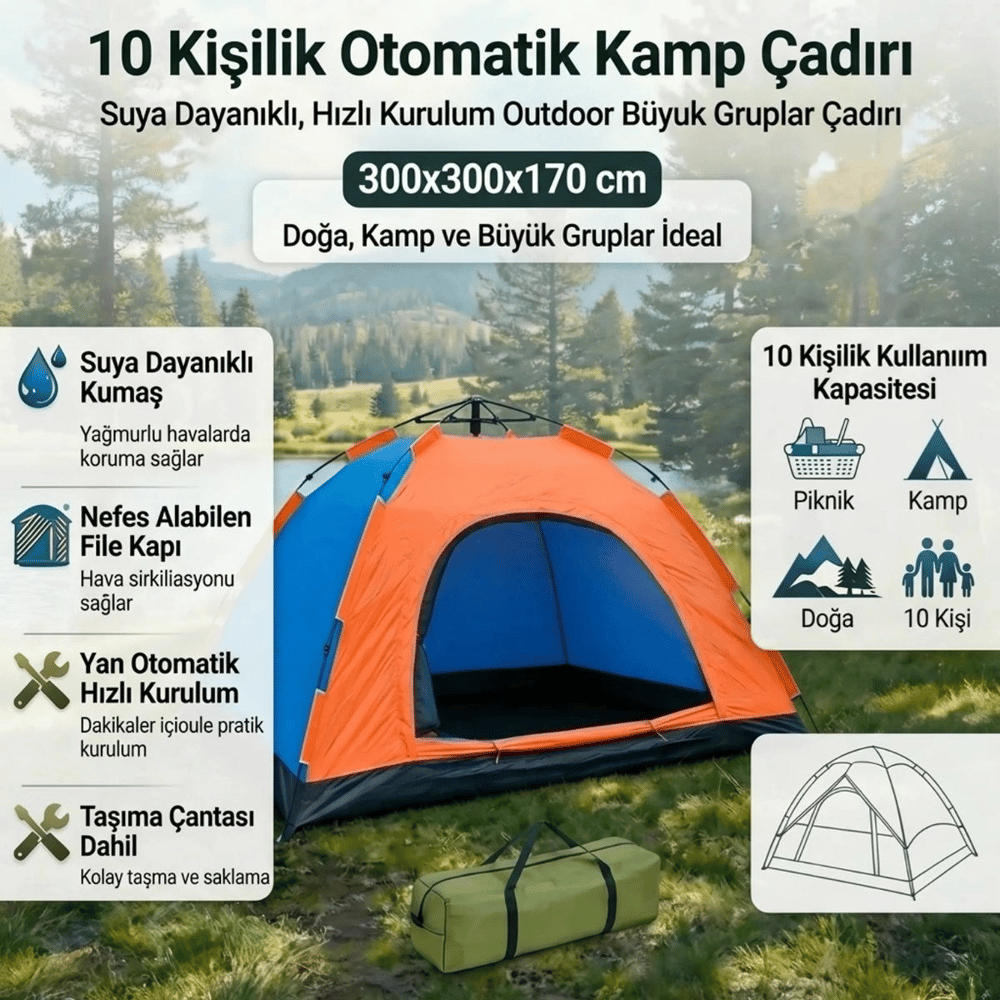 10 kişilik Otomatik Kurulum Kamp Çadırı – Outdoor , Suya Dayanıklı Hızlı Kurulum Piknik Ve Doğa İçin Geniş Aile Çadırı 300x300x170 Cm Bx40