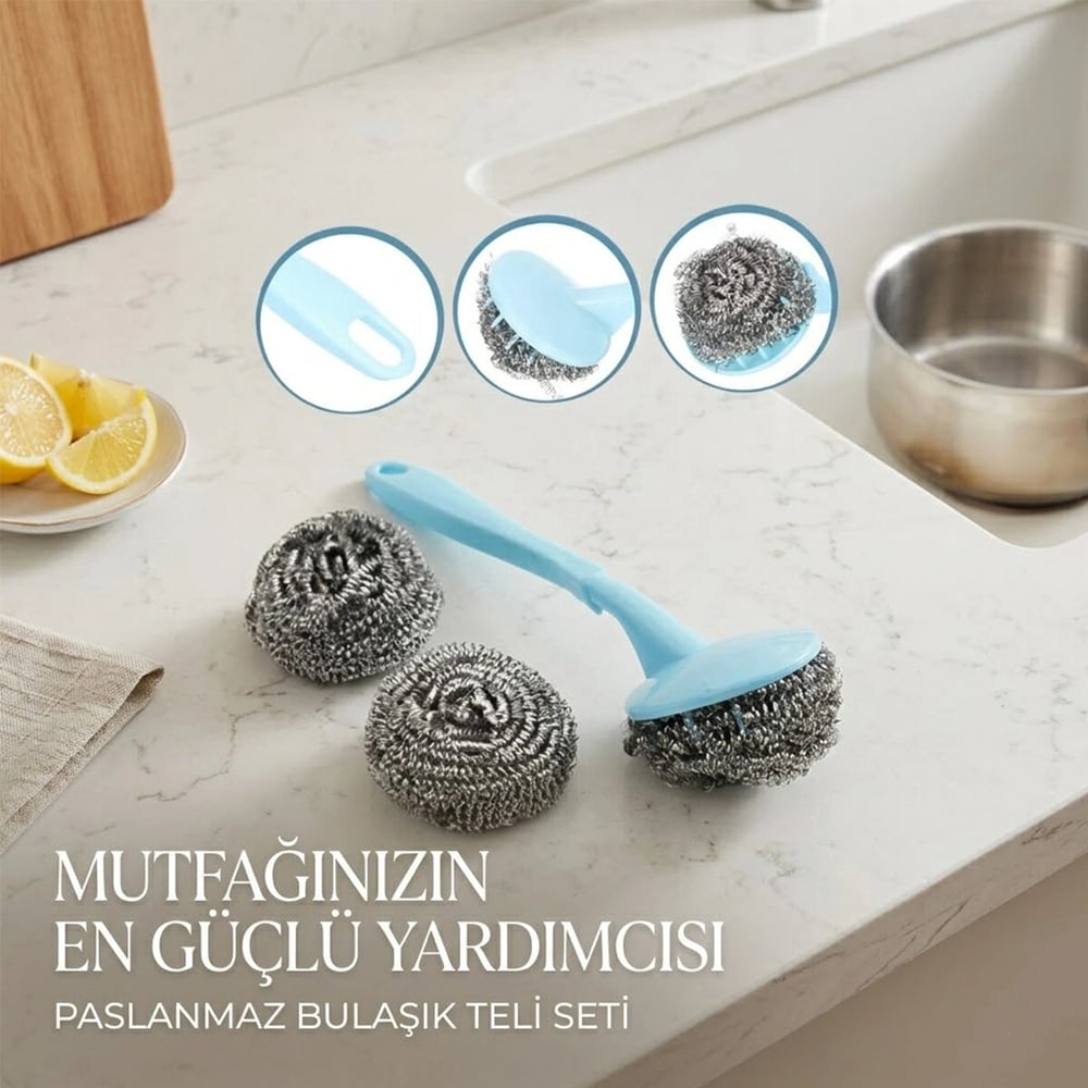 12 Adet 3+1 Bulaşık Top Teli Uzun Saplı Bx40