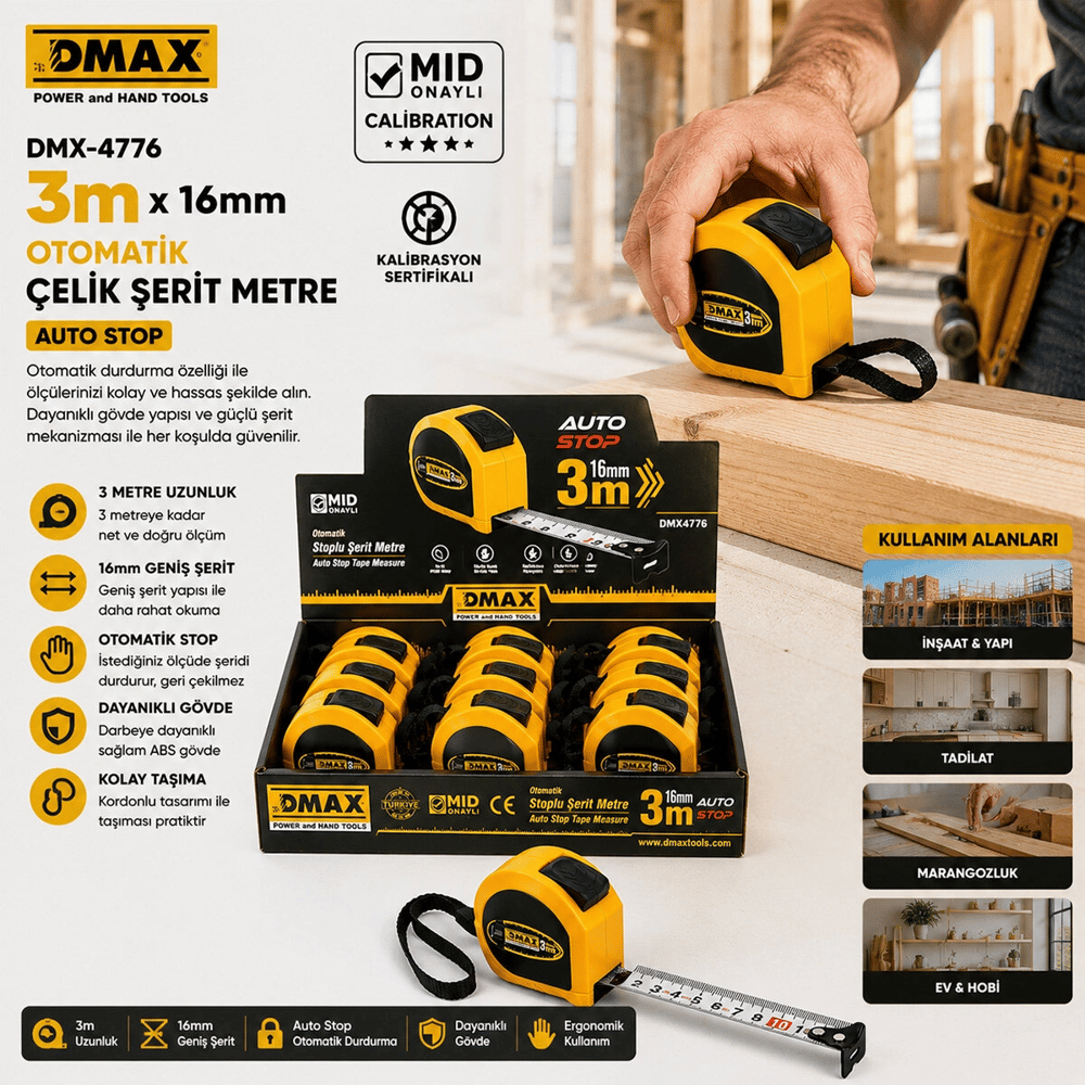12 Adet 3mt X 16mm Otomatik Çelik Şerit Metre Stoplu Bx40