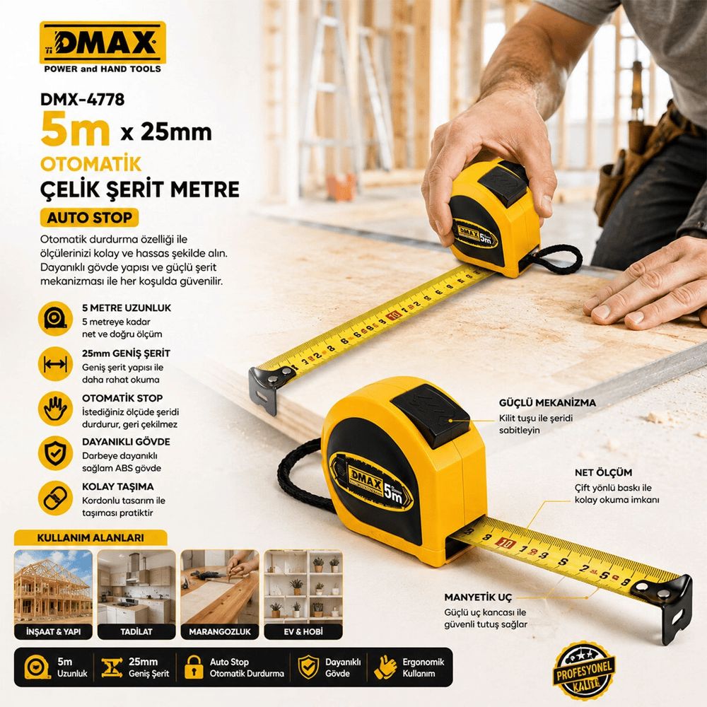 12 Adet 5mt X 25mm Otomatik Çelik Şerit Metre Stoplu Bx40