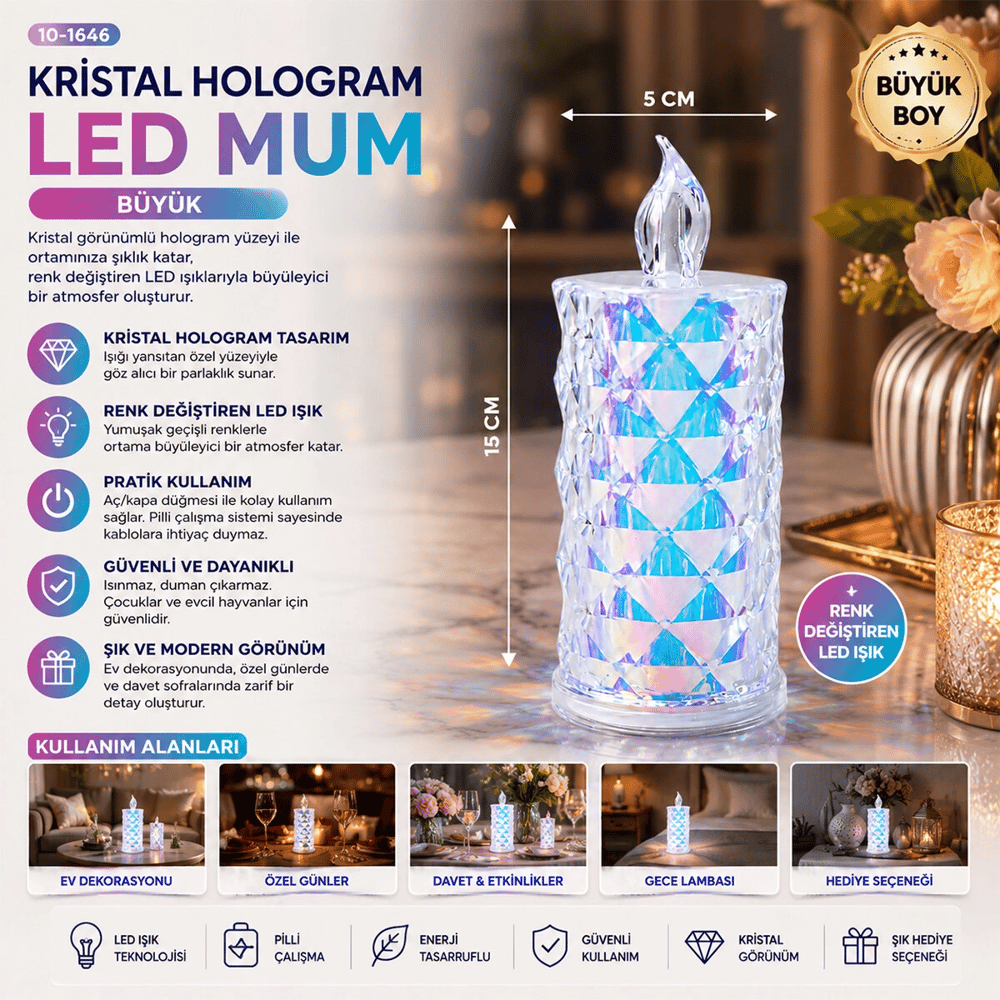 12 Adet Led Candle Kamp Büyük Boy= Çap:5cm - Y: 16cm Pilli Led Mum Mika Kristal Plastik Yakut-13637 Bx40