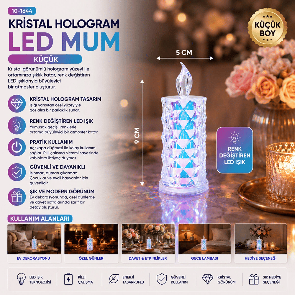 12 Adet Led Candle Kamp Küçük Boy= Çap:5cm - Y: 9cm Pilli Led Mum Mika Kristal Plastik Yakut-13635 Bx40