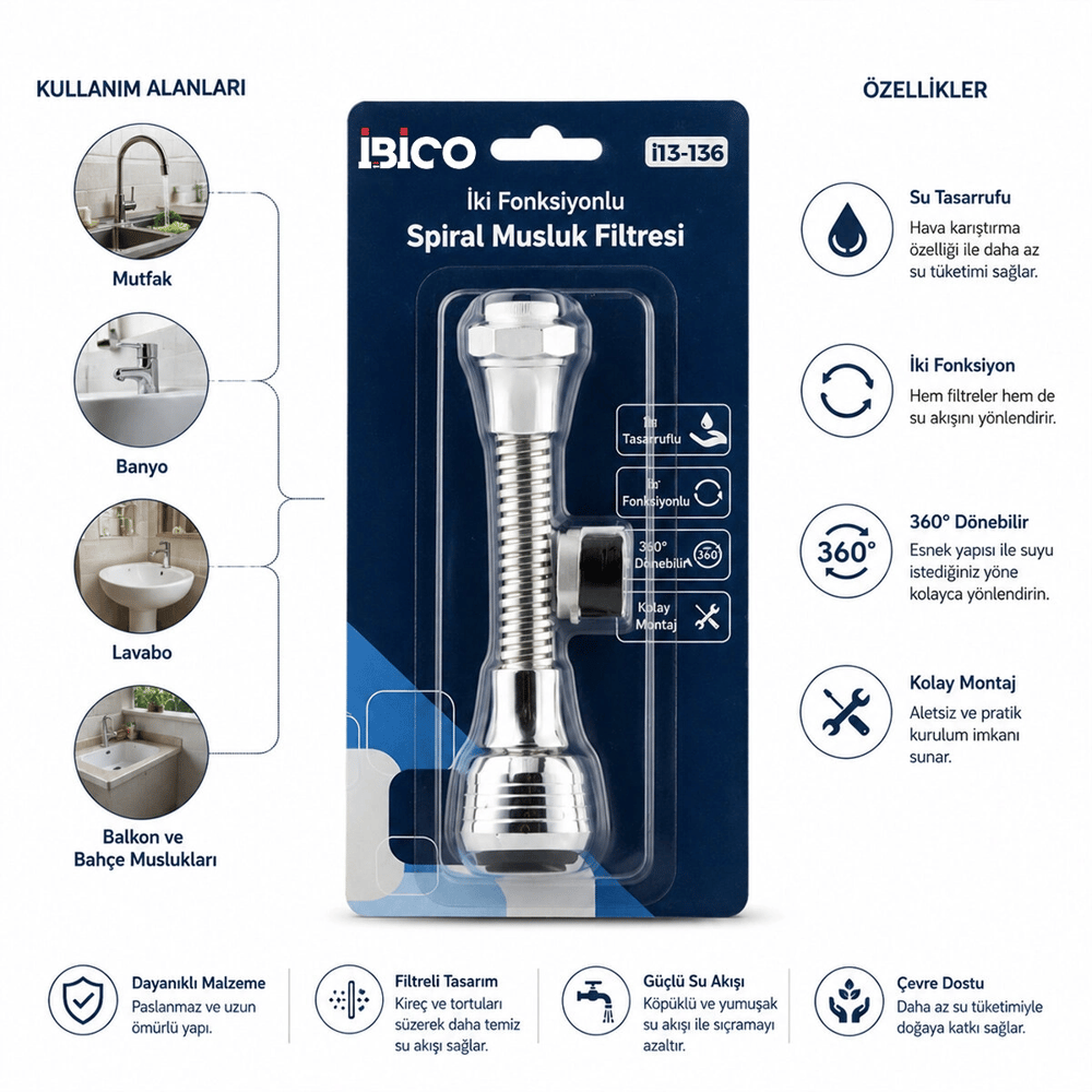 12 Adet Musluk Ucu Filtresi 2 Fonksiyonlu Spiralli Yaylı - 360° Derece Dönebilen Başlık 16-19mm Caşlık Çapı Bx40