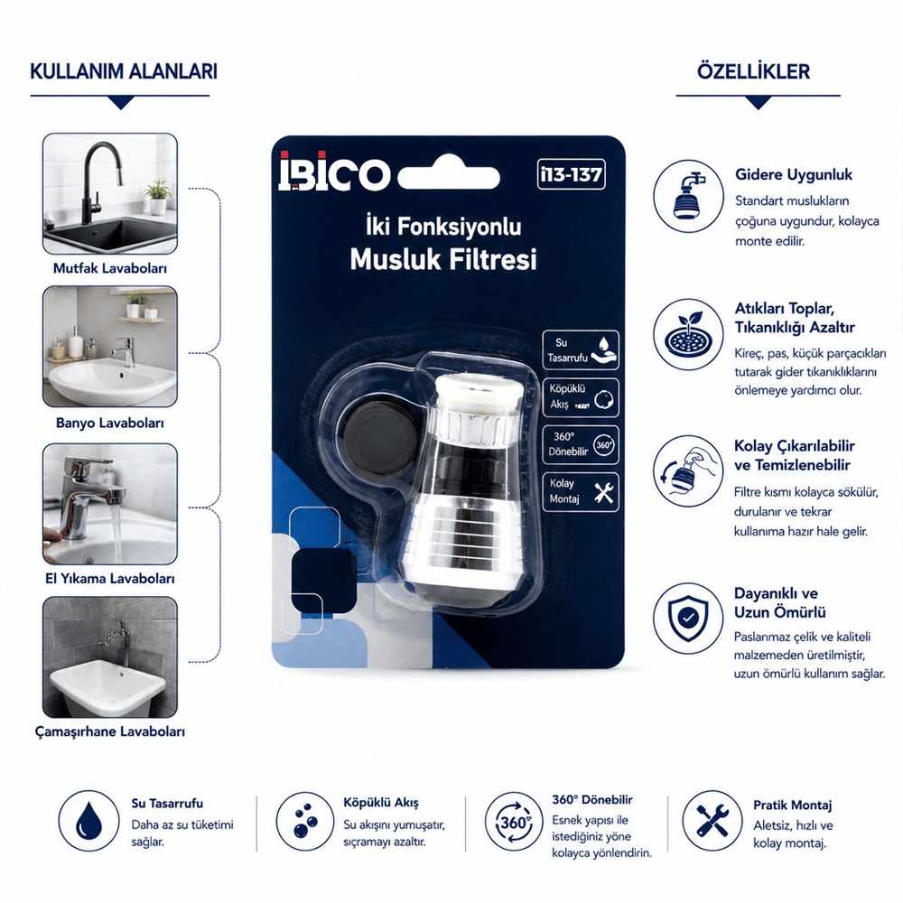 12 Adet Musluk Ucu Filtresi 2 Fonksiyonlu 360° Derece Dönebilen Başlık 16-19mm Caşlık Çapı Bx40