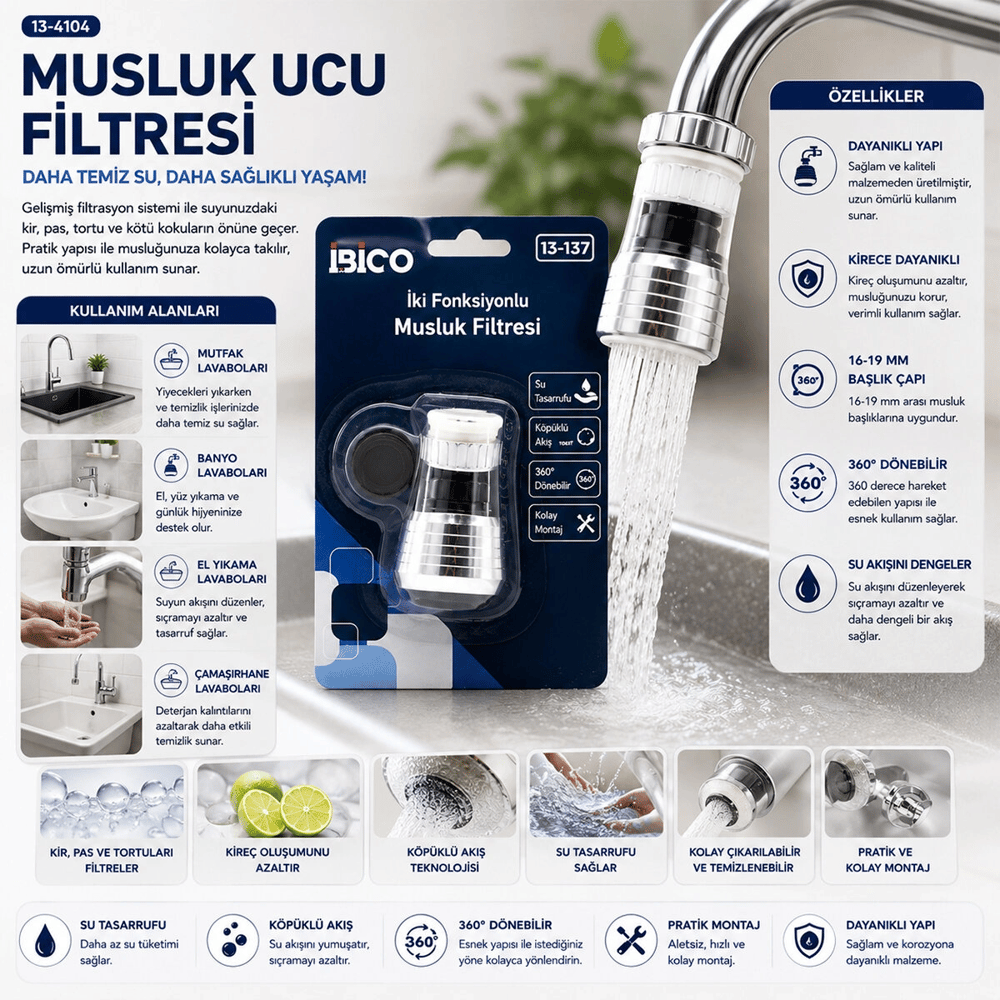 12 Adet Musluk Ucu Filtresi 2 Fonksiyonlu 360° Derece Dönebilen Başlık 16-19mm Caşlık Çapı Bx40