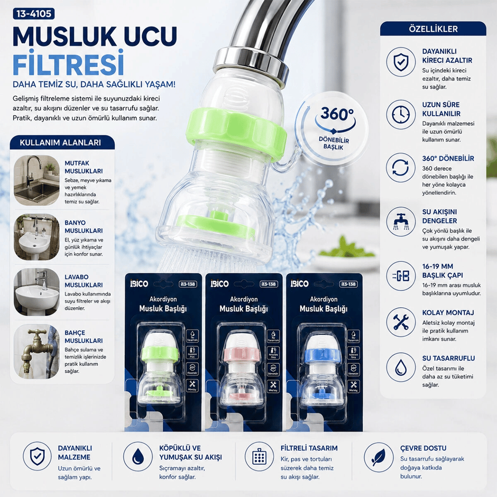 12 Adet Musluk Ucu Filtresi Akordiyon - Pervaneli 360° 16-19mm Tüm Musluklara Uyum Kireçlenme Yapmaz Bx40