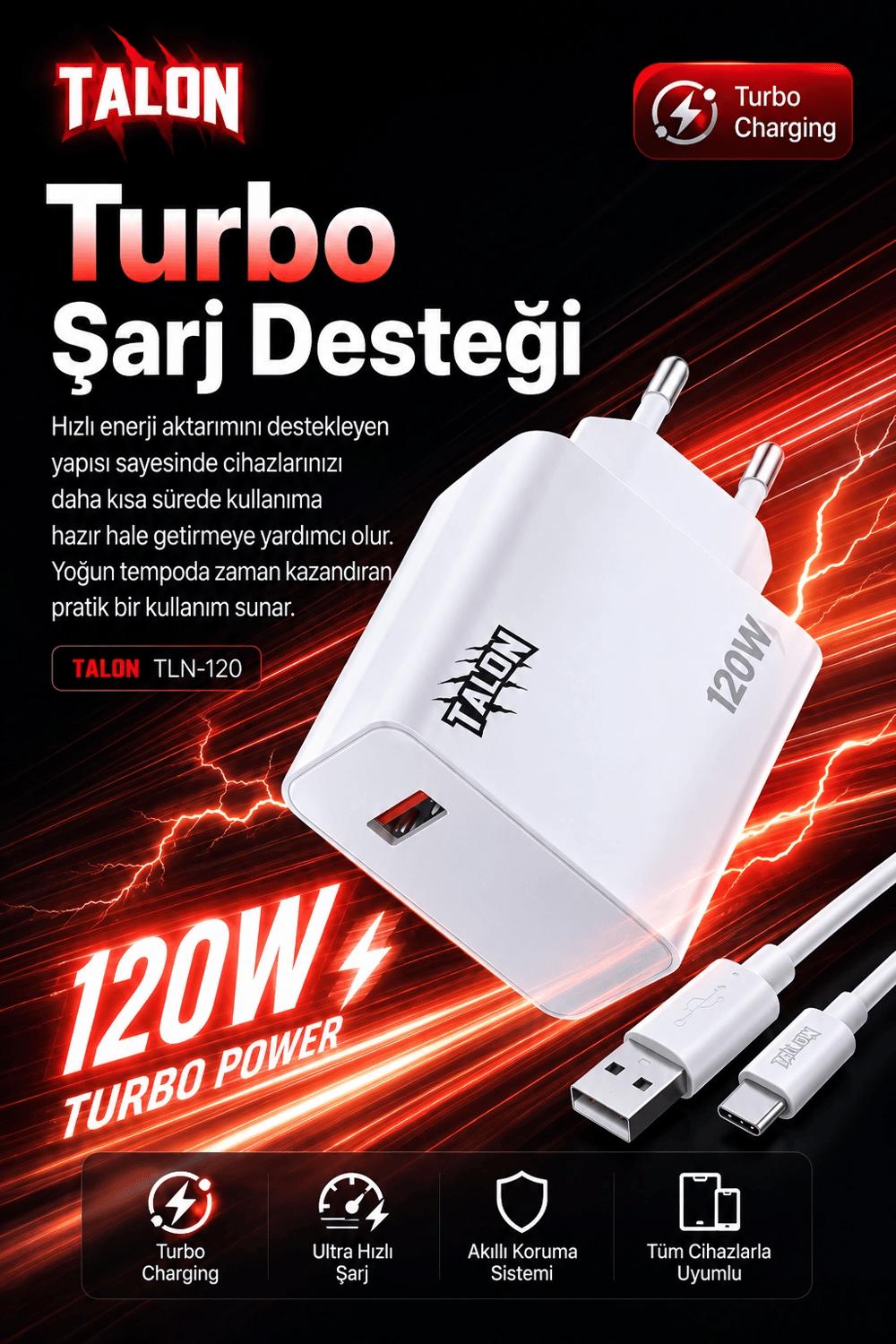 120W Hızlı Şarj Adaptörü Ve Kablo Seti Akıllı Çipli Güvenli Şarj Özellikli