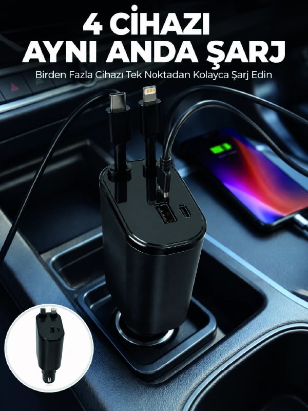 120W Hızlı Şarj Destekli 4ü 1 Arada Araç Şarj Cihazı Type-C, Lightning, USB ve USB-C Çıkışlı