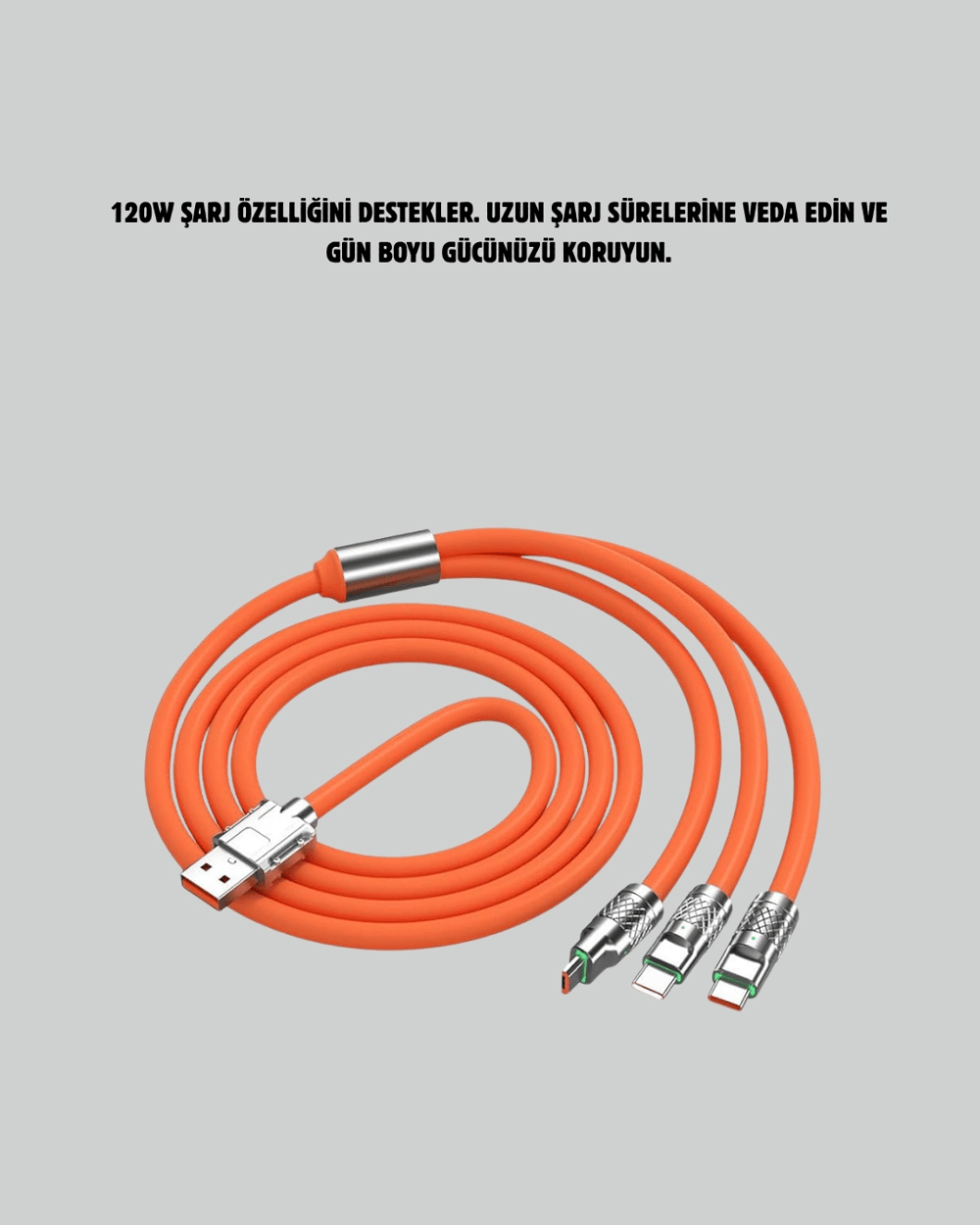 120W Şarj Destekli 3’ü 1 Arada Çoklu Şarj Kablosu – 1.2 Metre