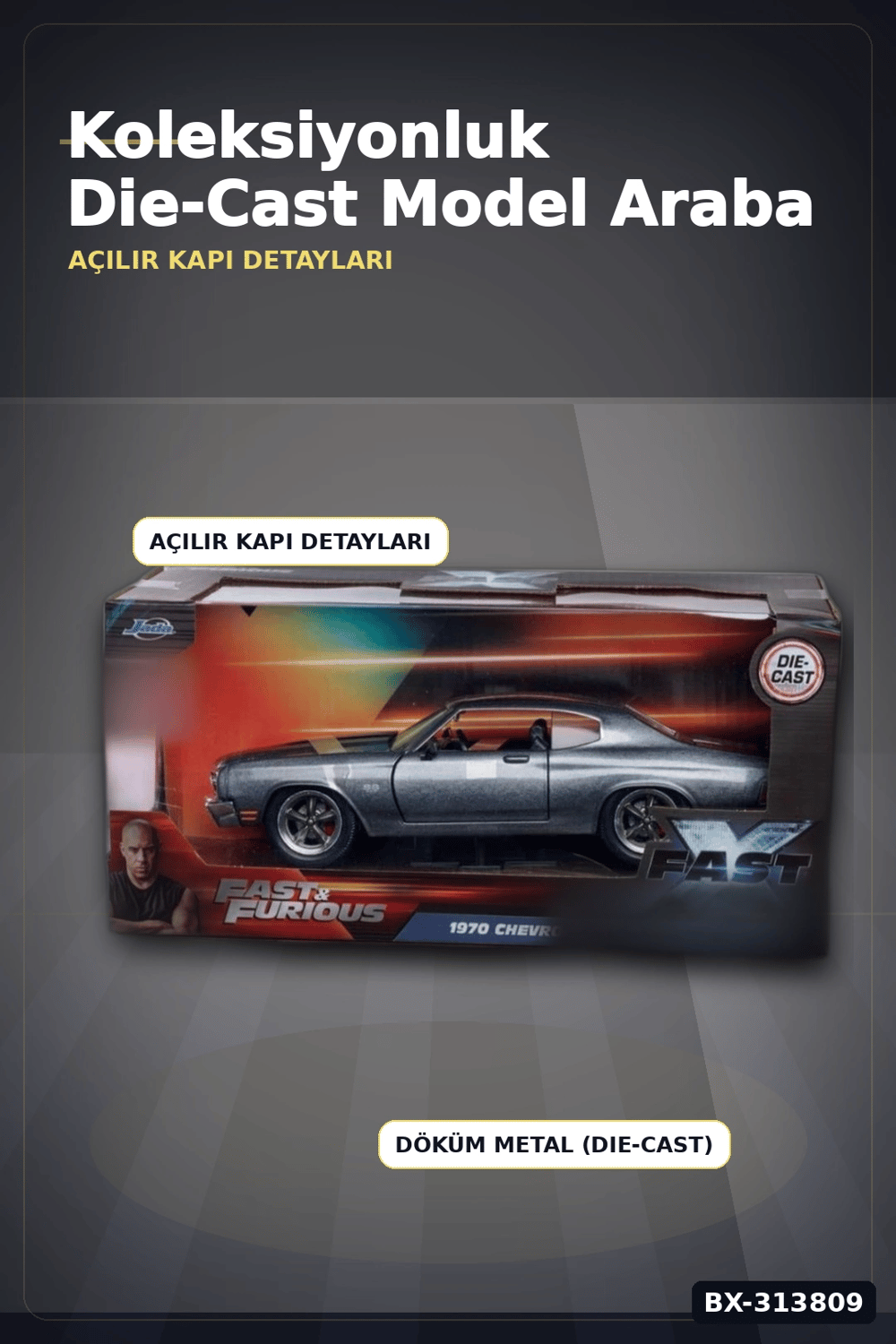1:24 Metal Die-Cast 1970 Chevelle SS Araba - Açılır Kapı Kaput Bagaj, Lisanslı 19 cm BX-313809