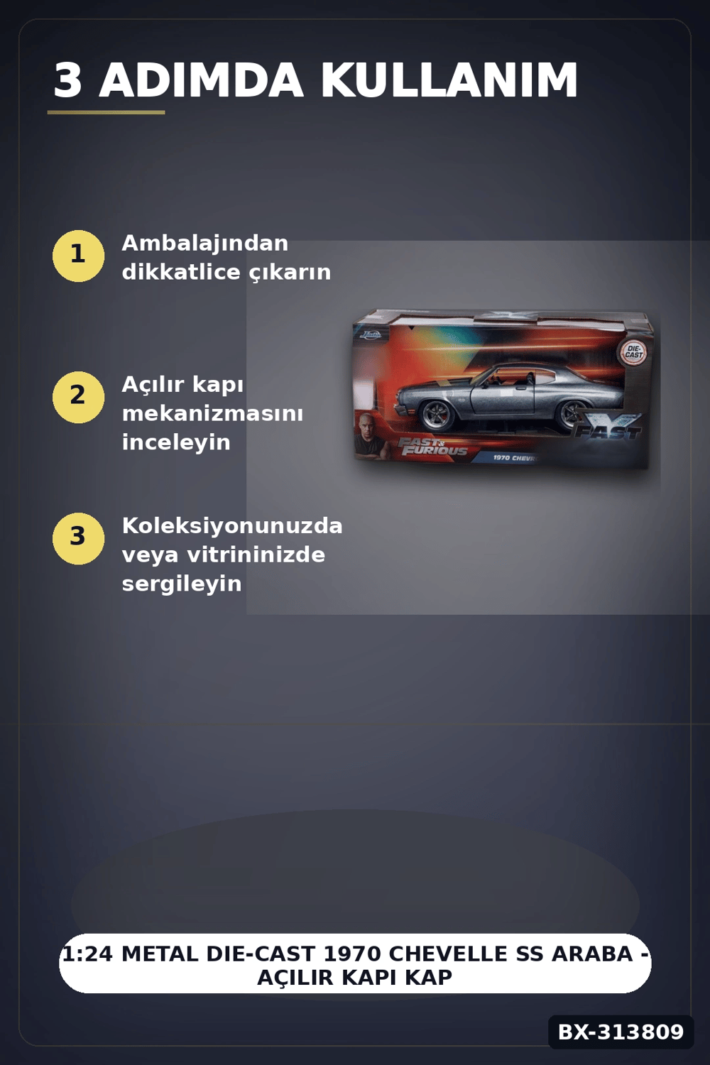 1:24 Metal Die-Cast 1970 Chevelle SS Araba - Açılır Kapı Kaput Bagaj, Lisanslı 19 cm BX-313809