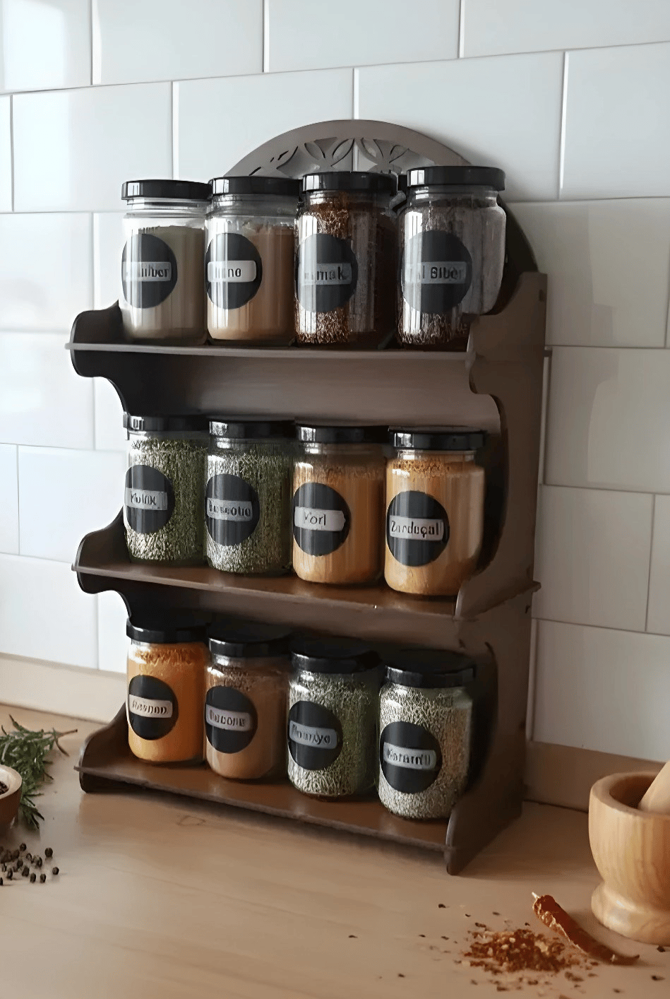 12li Meşe Rengi Mdf Standlı Dekoratif Baharatlık Seti - Baharatlık Takımı