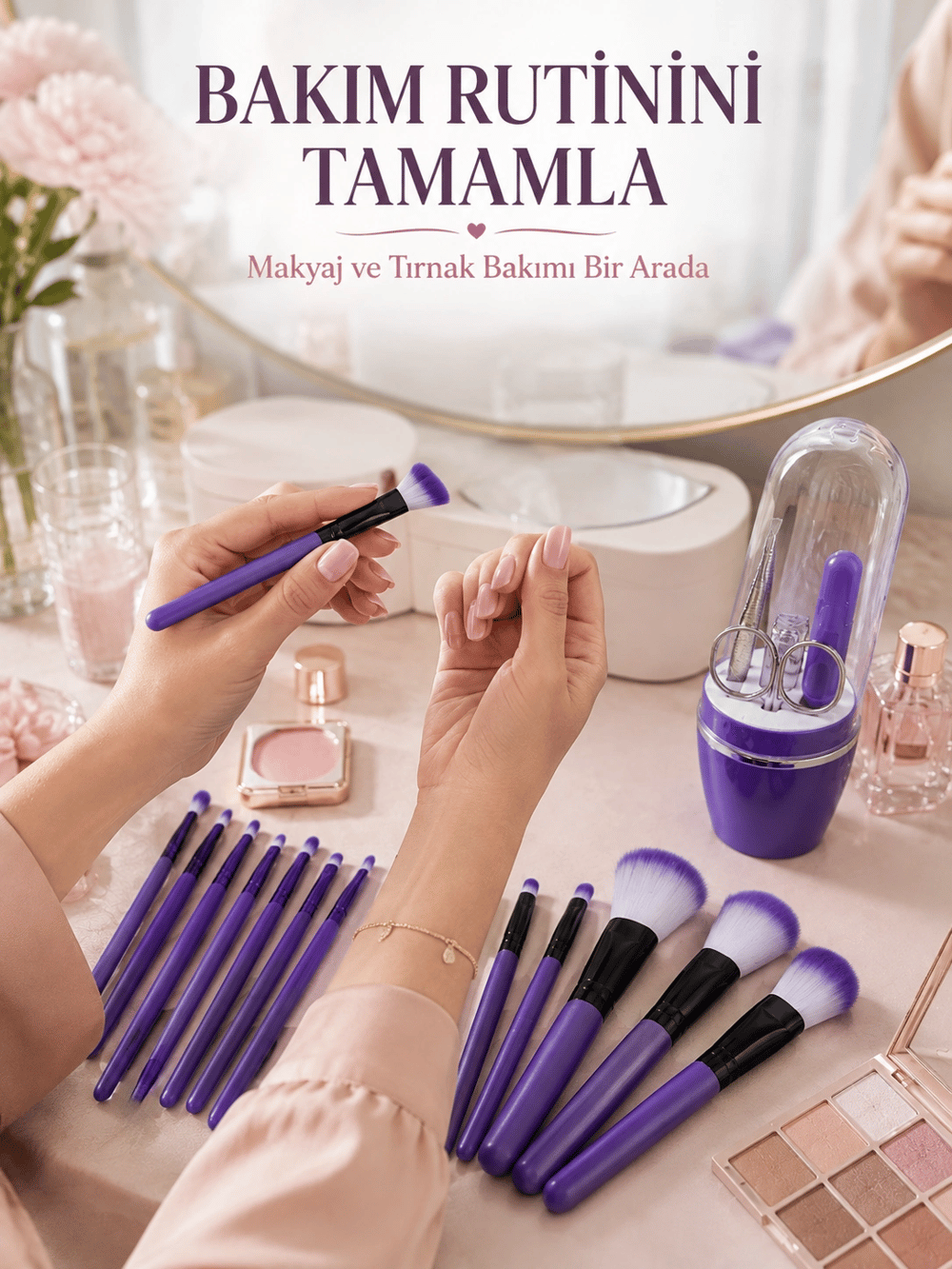 12’li Mor Makyaj Fırça Seti ve Tırnak Bakım Seti Manikür Pedikür Malzemeleri Avantajlı İkili Bakım Seti