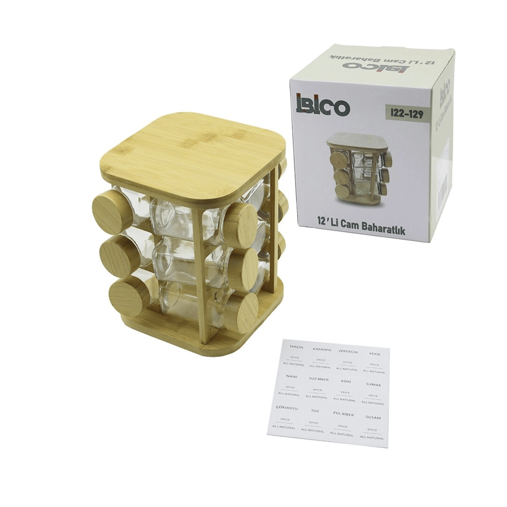 12pcs Kare Döner Standlı Cam - Bambu Kapak Tuzluk - Baharatlık Bambu Stand Bx40